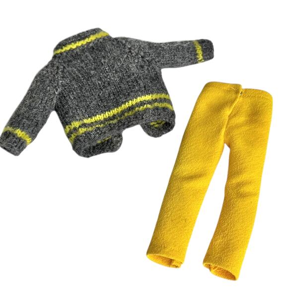 Gray Sweater Yellow Pants For Ken Barbie Doll Mod 70s Button Up Gray Woolen Vtg - Picture 2 of 3